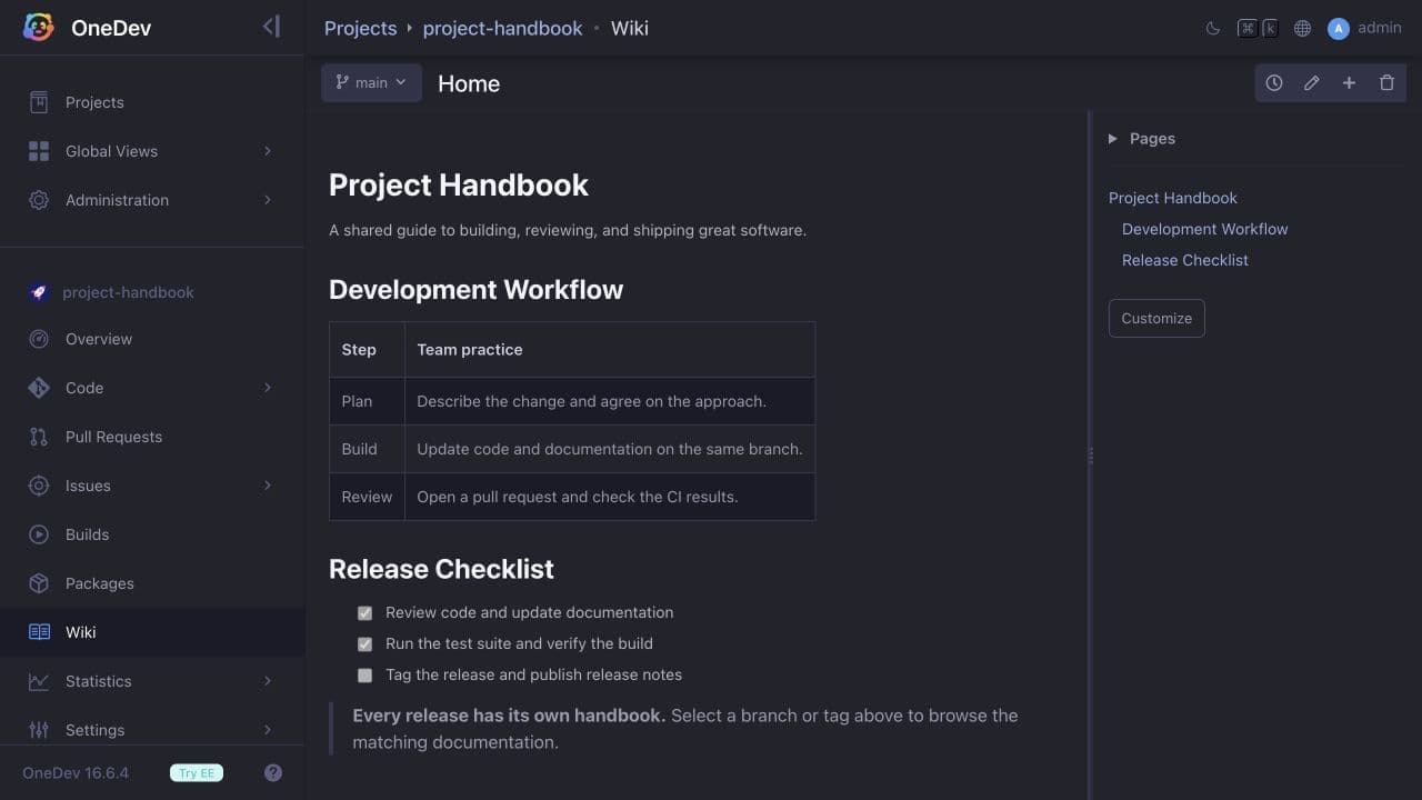 Project wiki with page navigation and version selector