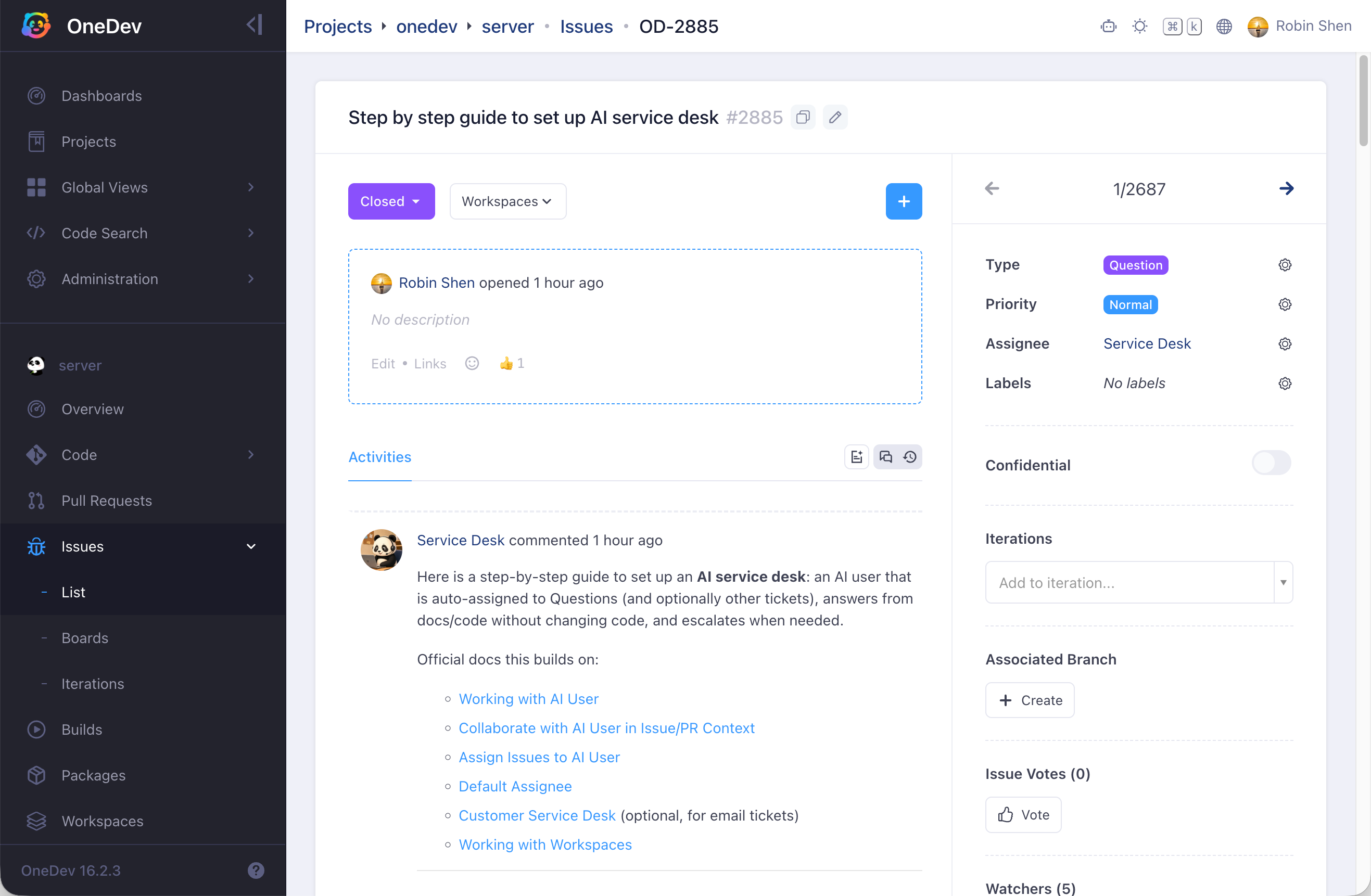 The AI service desk providing its own setup guide in a public OneDev issue
