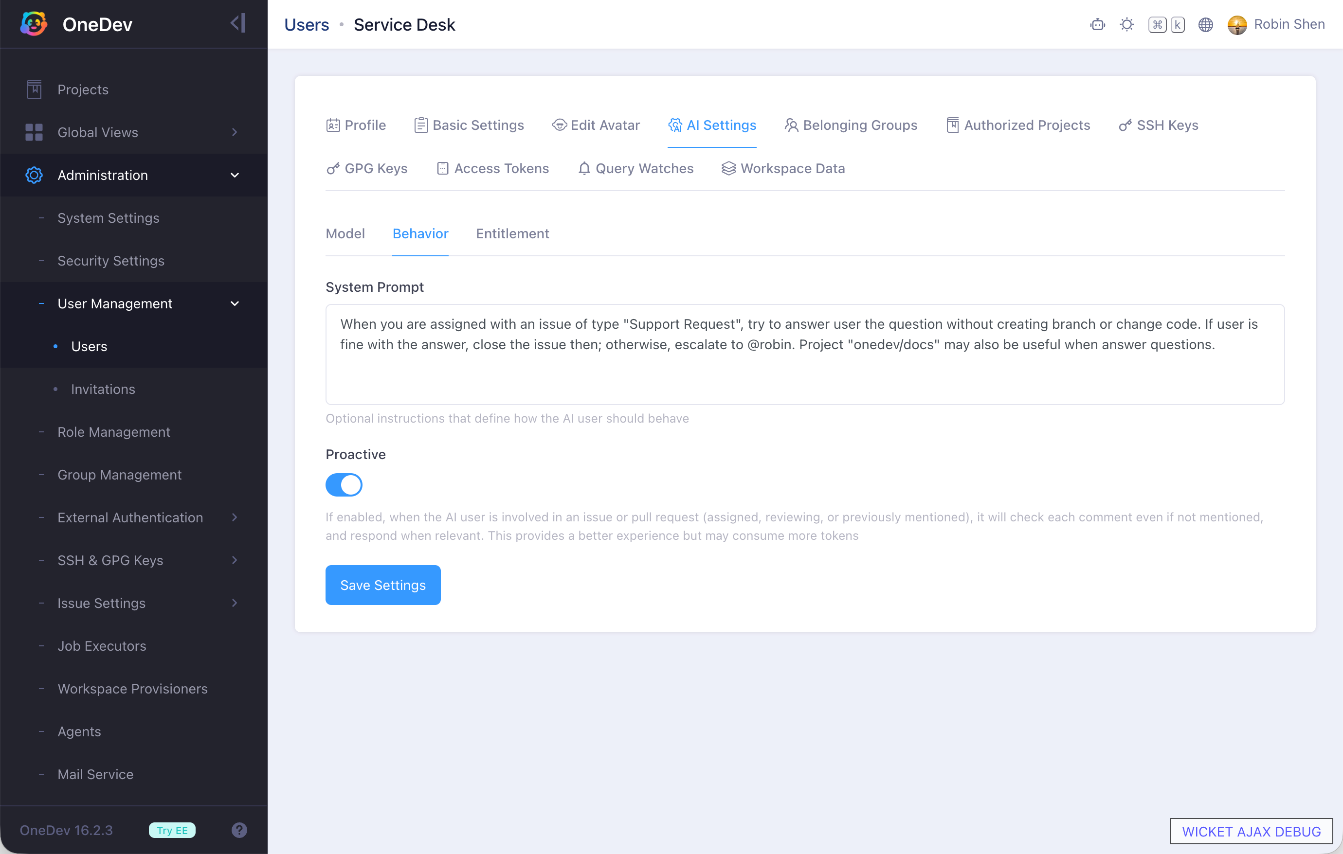 System prompt and proactive settings for the service desk AI user