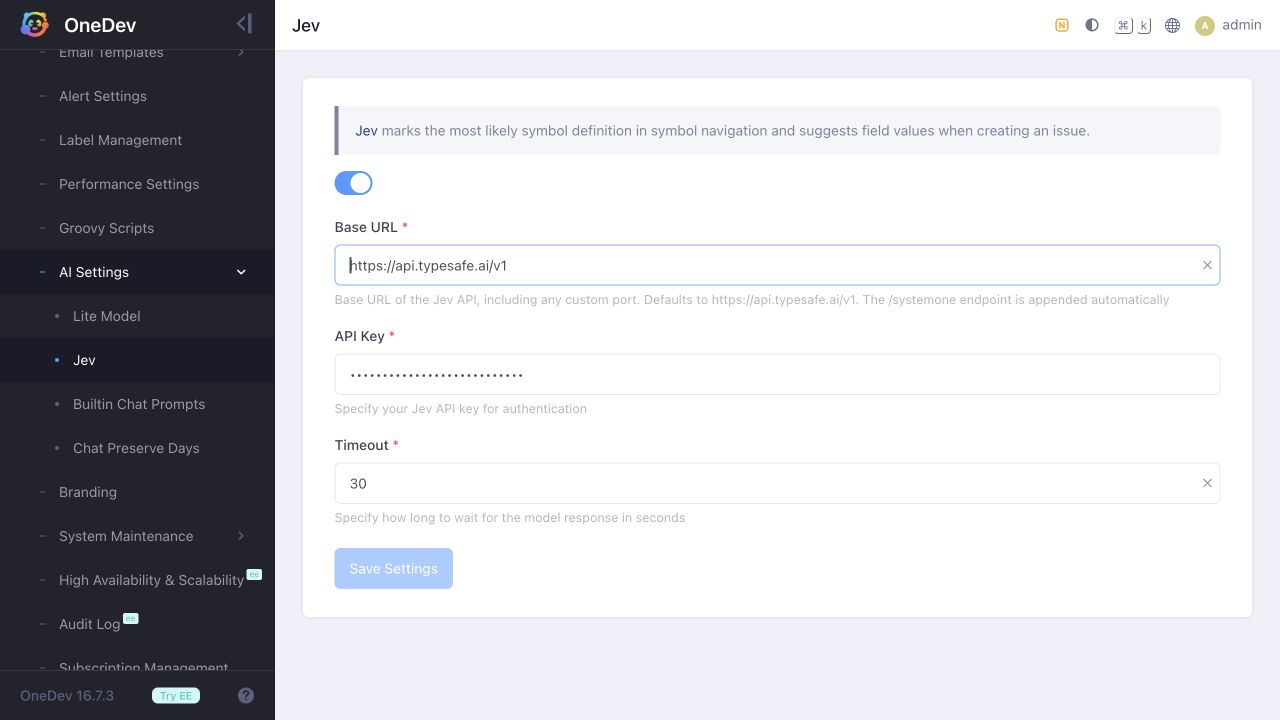 OneDev Jev settings showing the API base URL, API key, and timeout