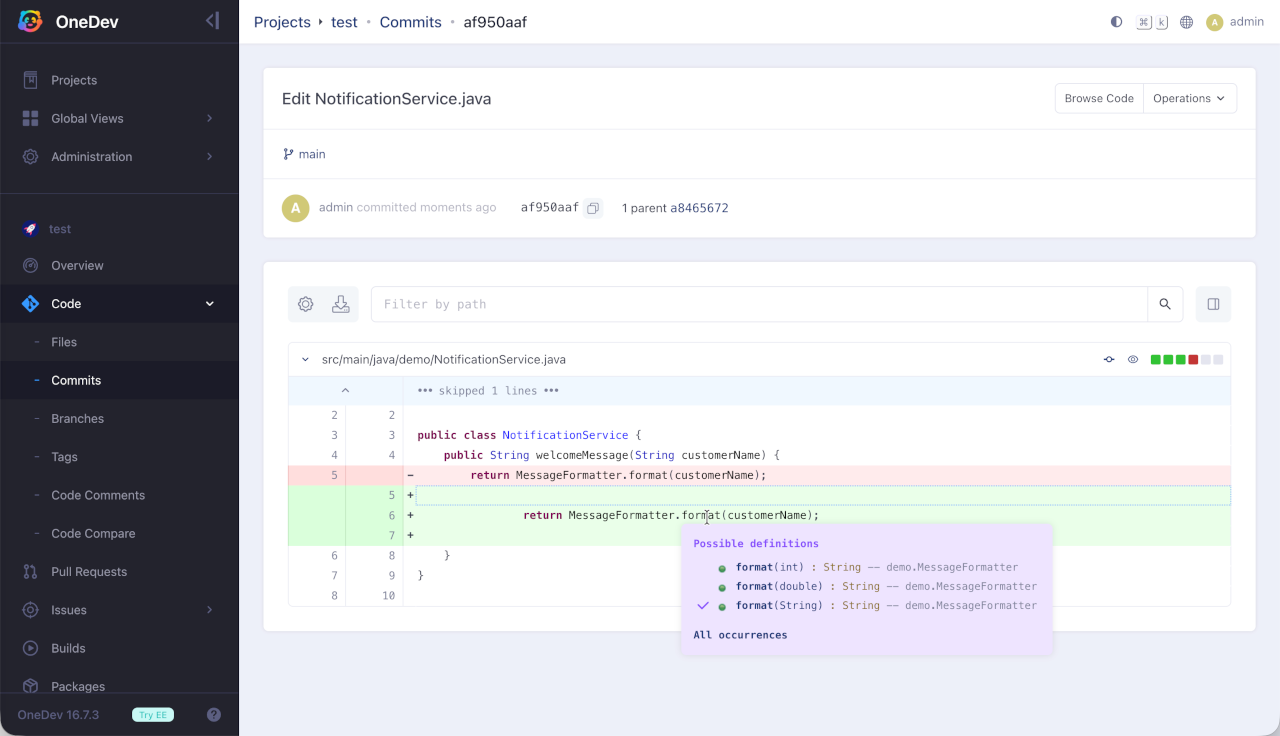 OneDev diff view showing Jev marking format(String) as the most likely declaration among three format overloads