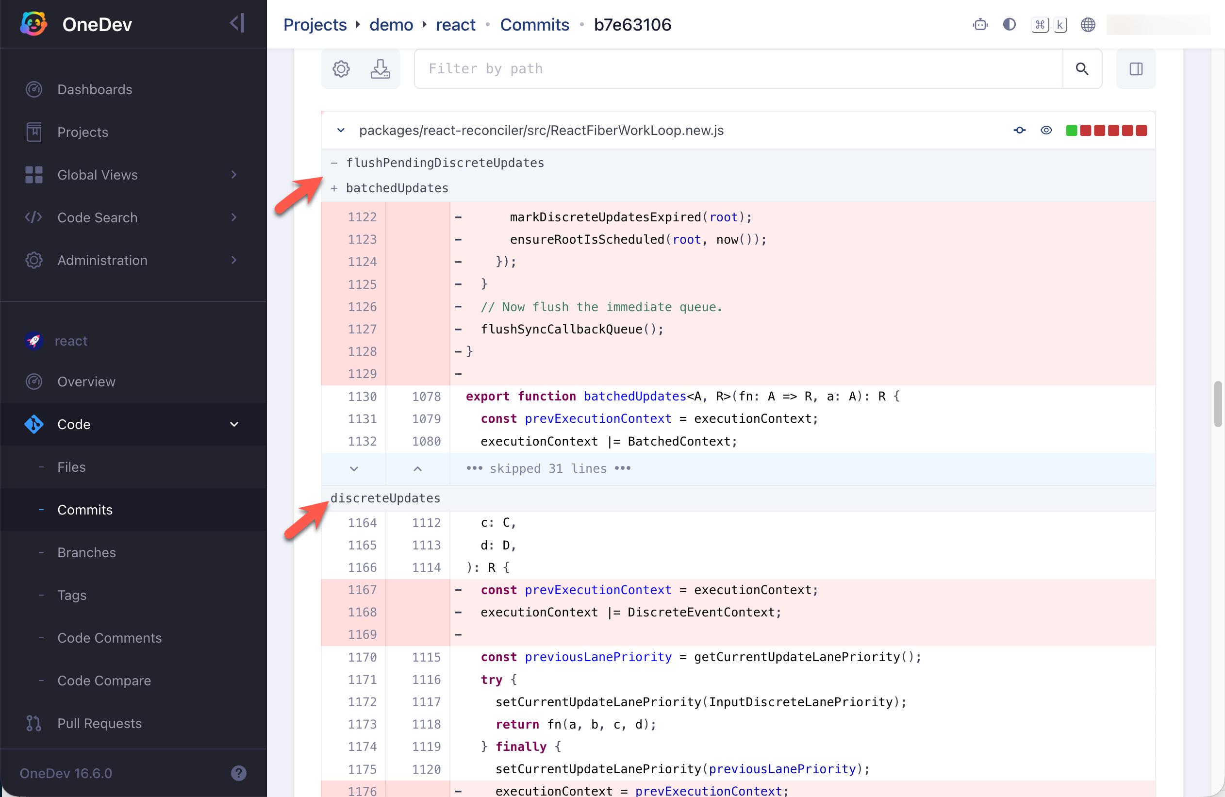 OneDev unified diff showing function context labels, including old and new symbols