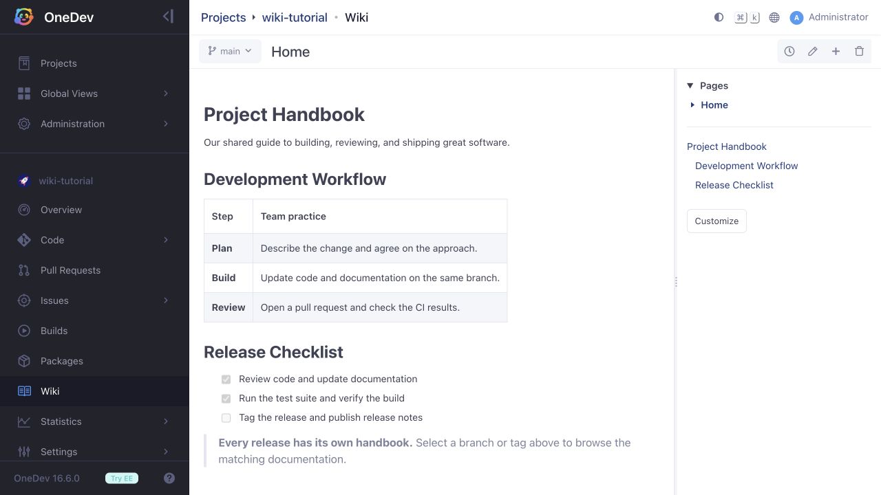 OneDev Wiki showing a project handbook, branch selector, release checklist, and heading navigation