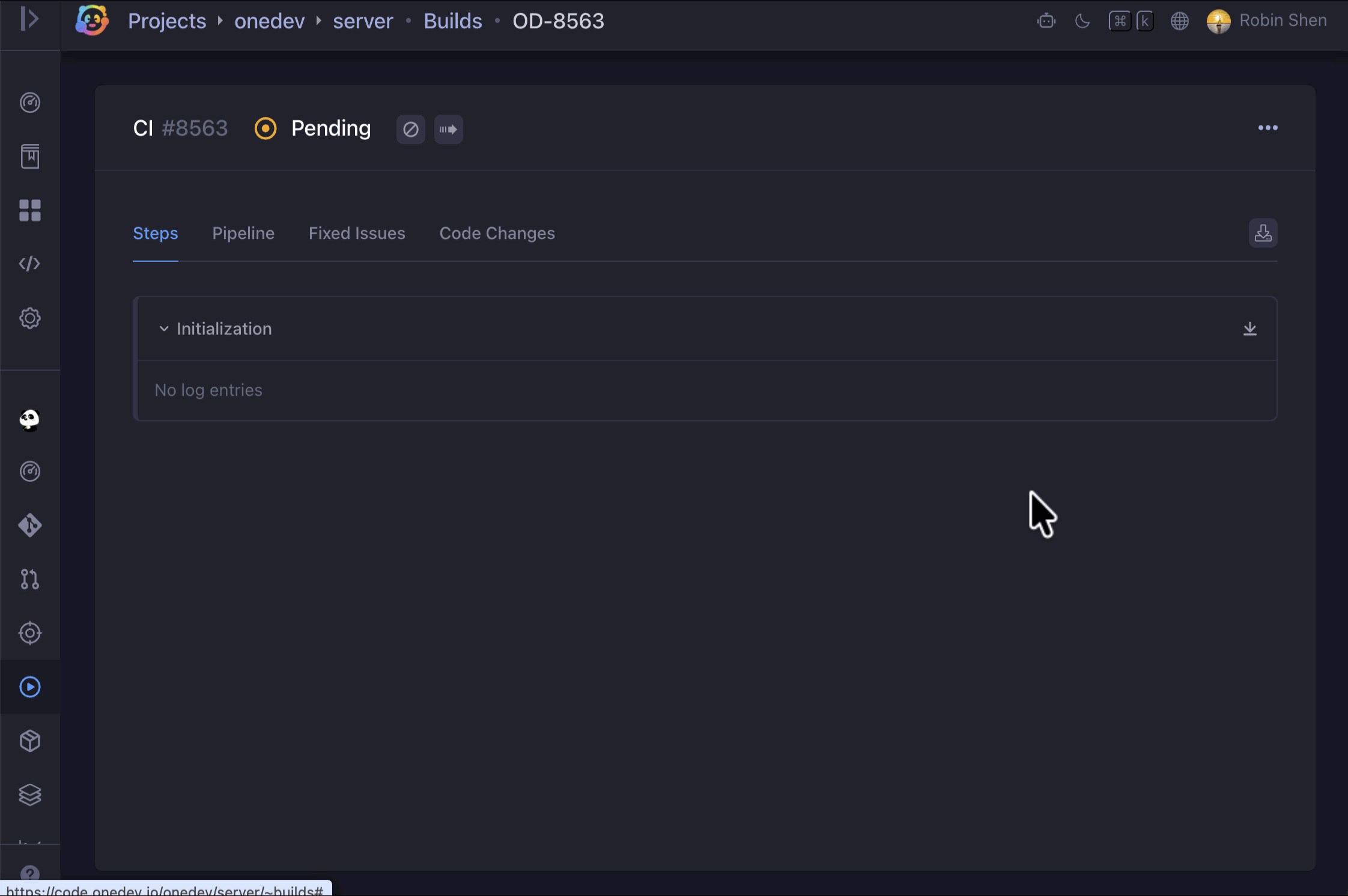 OneDev build steps showing step status, logs, and estimated progress